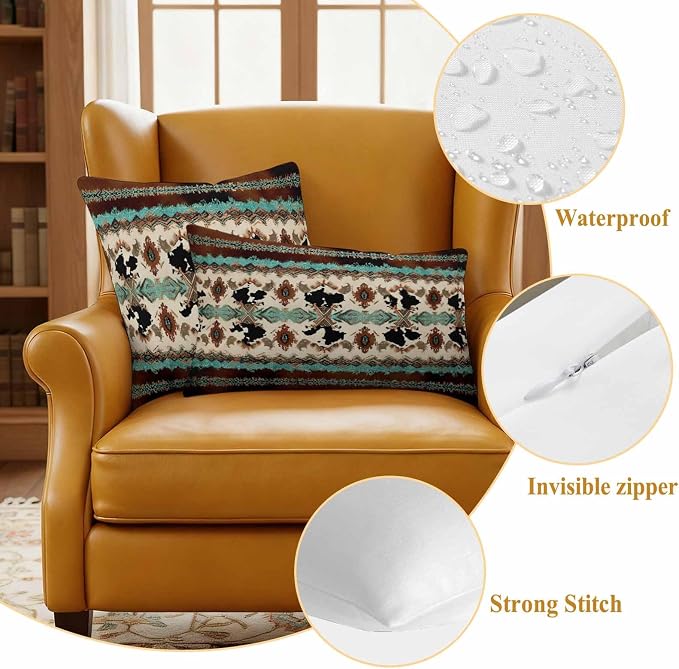 Boho Cowhide Outdoor Pillow Covers 24"x24" Set of 2, Western Aztec Tribal Green Brown Cow Texture Waterproof Throw Pillow Covers for Patio Furniture, Decorative Cushion Covers for Porch