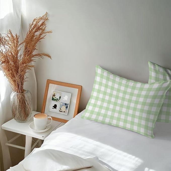 Mint Green Checks Outdoor Pillow Covers 20"x12" Set of 2, Gingham Plaid Abstract Modern Minimalist Waterproof Throw Pillow Covers for Patio Furniture, Decorative Cushion Covers for Porch