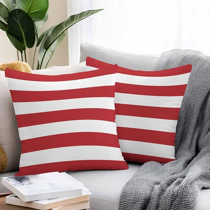 Outdoor Waterproof Throw Pillow Covers Set of 2 Red White Stripe Pillowcases 24x24 Inches Simple Style Striped Decorative Pillows Cushion Case Patio Pillows for Couch Bed Chair Garden