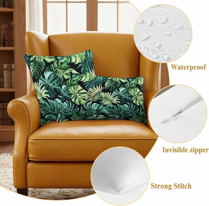 Palm Leaf Waterproof Outdoor Pillow Covers Set of 2 Home Decor, Green Tropical Plant Summer Nature Scenery Pillowcase Patio Pillow Covers for Couch Bench Furniture Garden 26x26in
