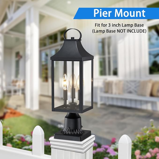 18.62 Post Light Outdoor, Large 3-Light Lamp Post Light Fixture, Black | Modern Pillar Outside Lighting Waterproof Post Lantern Lamp Outdoor Post Light Fixtures Pole Lights for Porch, 1 Pack