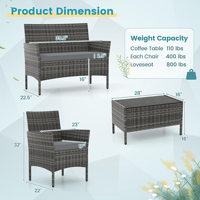 HAPPYGRILL 8 Pieces Outdoor Rattan Conversation Set, Patio Wicker Furniture Set with Loveseat Chairs & Tempered Glass Coffee Table, Outside Sectional Sofa Set for Backyard Garden Poolside, Gray