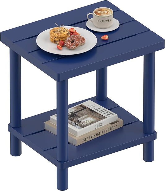 LEJANEOYE Outdoor Side Table, 2-Tier Small Outdoor Table for Patio, Adirondack Side Tables for Outside or Indoor, Bamboo End Table for Pool, Porch, Weather Resistant Easy Maintenance-Dark Blue