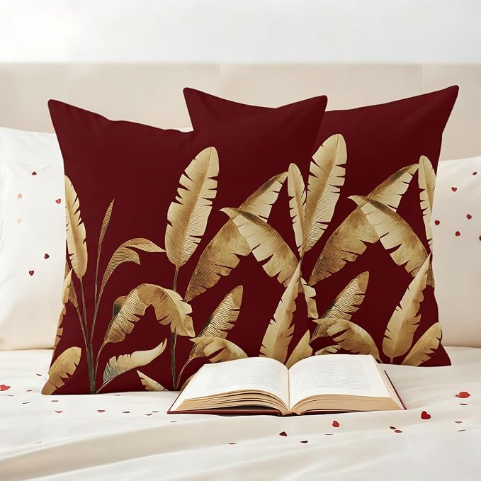 Waterproof Throw Pillow Covers 18x18 Set of 2, Golden Tropical Leaves on Burgundy Red Outdoor Pillowcases with Invisible Zipper, Abstract Foliage Leaf Decorative Cushion Covers for Patio Garden Sofa