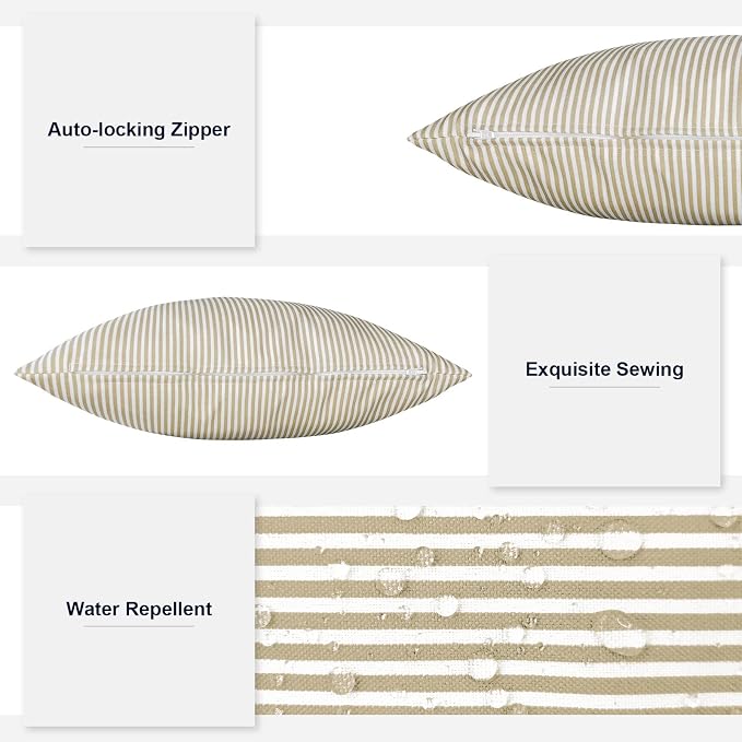 Outdoor Lumbar Pillows, Water Repellent Cushion Pillows 12x20 Inch, Outdoor Pillows with Inserts for Home Garden, Pack of 2, Stripe Beige