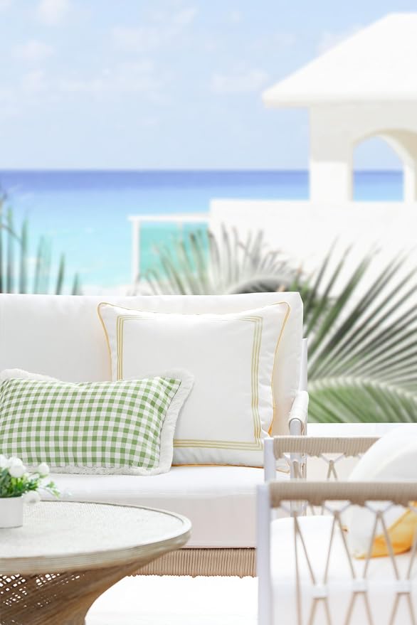 Hofdeco Premium Coastal Patio Indoor Outdoor Lumbar Pillow Cover Only, 12"x20" Water Resistant for Backyard, Couch, Green Gingham Fringe