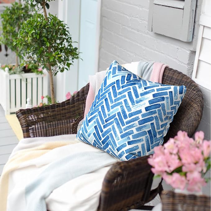 Outdoor Pillows for Patio Furniture 16x16 inch, Square Outdoor Throw Pillows with Inserts, Decorative Patio Pillows for Garden Couch Home Sofa Office Chair, Pack of 2, Blue Bricks
