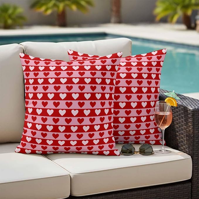 Outdoor Waterproof Throw Pillow Covers, Valentine's Day Decorative Pillow Cases, Romantic Pink Red Love Heart Stripes Couch Pillow Protector Patio Sofa Cushion Covers Replacement 16"x16" 2 Pack