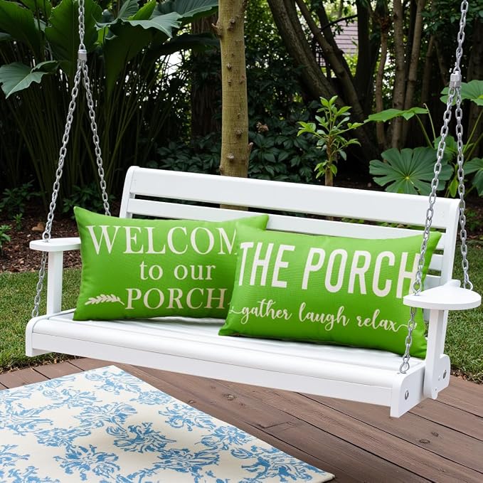Porch Decor Green Outdoor Lumbar Pillow Covers Waterproof 12x20 for Patio | Set of 2, Patio Decor, Porch Pillows, Outdoor Pillows Waterproof, Outdoor Pillows for Patio Furniture, Weather Resistant