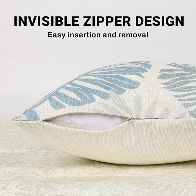Bonhause Tropical Leaves Throw Pillow Covers 18 x 18 Inch Set of 4 Palm Leaf Floral Botanical Blue Decorative Pillow Cases Polyester Linen Outdoor Cushion Covers for Sofa Couch Garden Home Decor