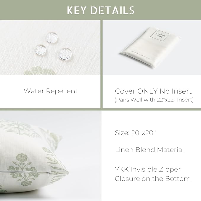 Modern Farmhouse Fall Linen Indoor Outdoor Throw Pillow Cover Only, 20"x20" Water Repellent for Patio, Backyard, Couch, Light Green Neutral Floral