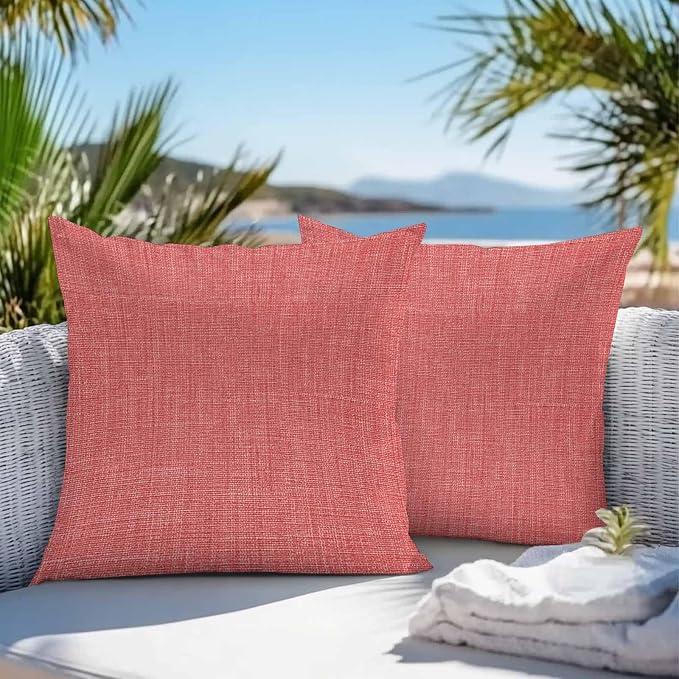 Vandarllin Outdoor Throw Pillows Covers 26x26 inch Set of 2 Waterproof Coral Red Linen Decorative Zippered Cushion Covers for Patio Furniture, Farmhouse Pure Color Lumbar Pillowcases