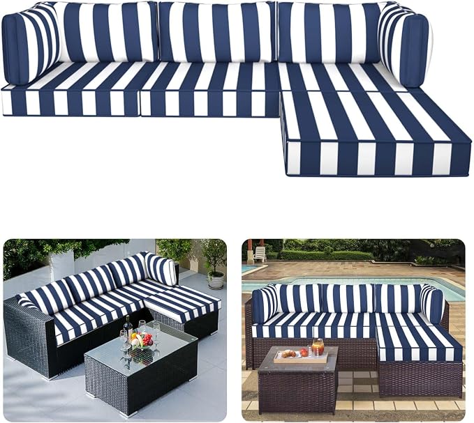 9pc Waterproof Outdoor Couch Cushions for 4 Seat Patio Blue Stripe | Water-resistant, UV-resistant,9pc High-Density Foam Replacement Cushions for 4-Seat Outdoor Sectional Furniture