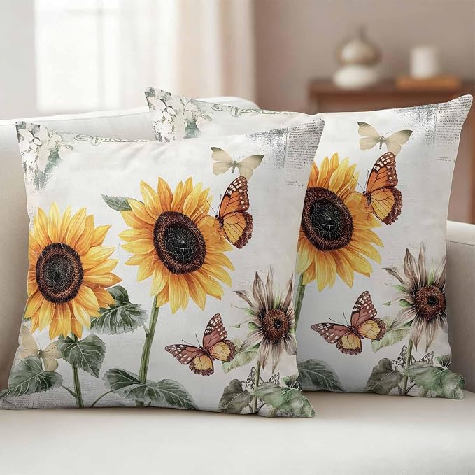 Sunflower Outdoor Waterproof Throw Pillow Covers Set of 2, 24"x24", Farmhouse Rustic Retro Summer Floral Butterfly Decorative Pillow Covers Outside Cushion Case for Patio Porch Garden