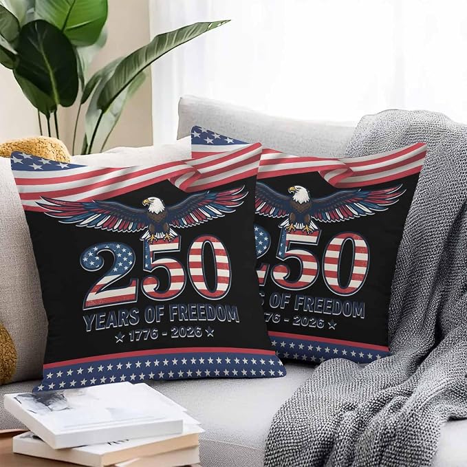 250 Years USA Flag Outdoor Waterproof Throw Pillow Covers 16x16 Set of 2, Independence Day Eagle Anniversary Decorative Pillowcases Cushion Pillowcase for Couch Sofa Patio Outside Pillow Protector