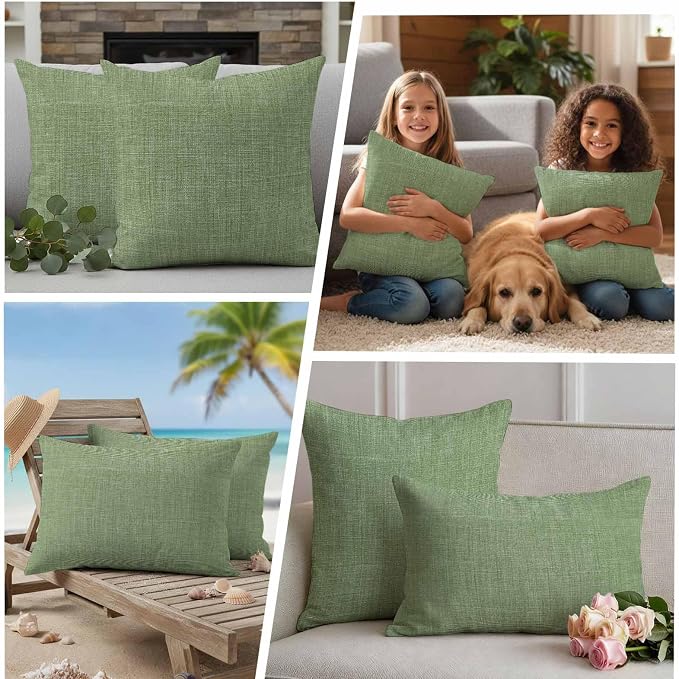 Outdoor Waterproof Throw Pillow Covers Set of 2 Sage Green Linen Pillowcases 26x26 Inches Farmhouse Pure Color Decorative Pillows Cushion Case Patio Pillows for Couch Bed Chair Garden