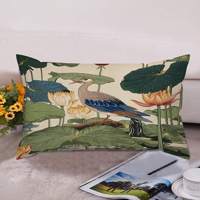 Set of 2 Chinese Pond Bird Decorative Throw Pillow Covers 12x20in Farmhouse Rectangle Accent Pillow Cases Cushion Cover Cases for Sofa Chair Bedroom Home Decor