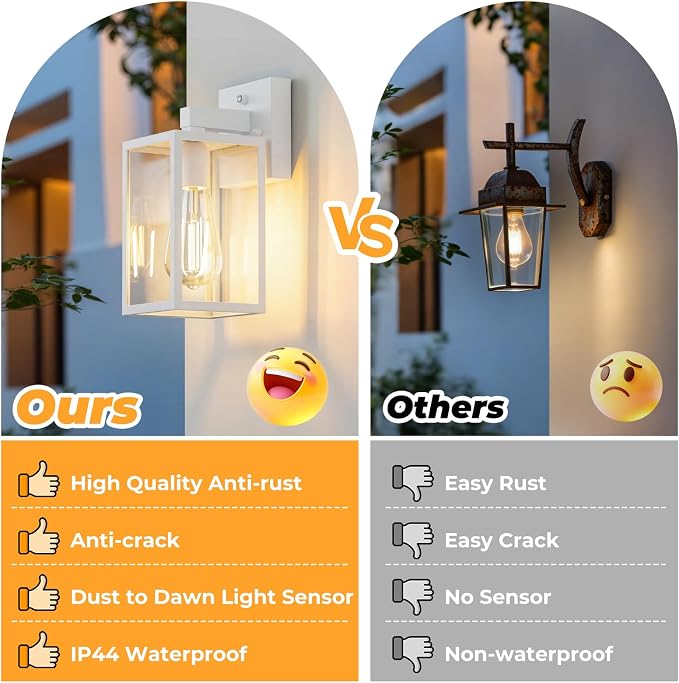 FOLKSMATE 2 Pack Dusk to Dawn Outdoor Wall Light Fixtures, Exterior Porch Light, Waterproof Wall Sconces Lanterns, Sensor Lighting Wall Mount for House Doorway Garage, White