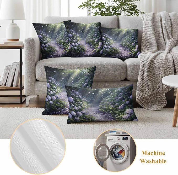 Purple Floral Outdoor Waterproof Throw Pillow Covers Set of 2, 20"x12", Spring Landscape Scenery Nature Decorative Pillow Covers Outside Cushion Case for Patio Porch Garden