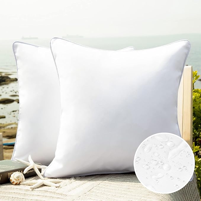 Phantoscope Pack of 2 Outdoor Waterproof Solid Throw Decorative Pillow Cover Decorative Square Outdoor Pillows Cushion Case Patio Pillows for Couch Tent (18''x18'', White)