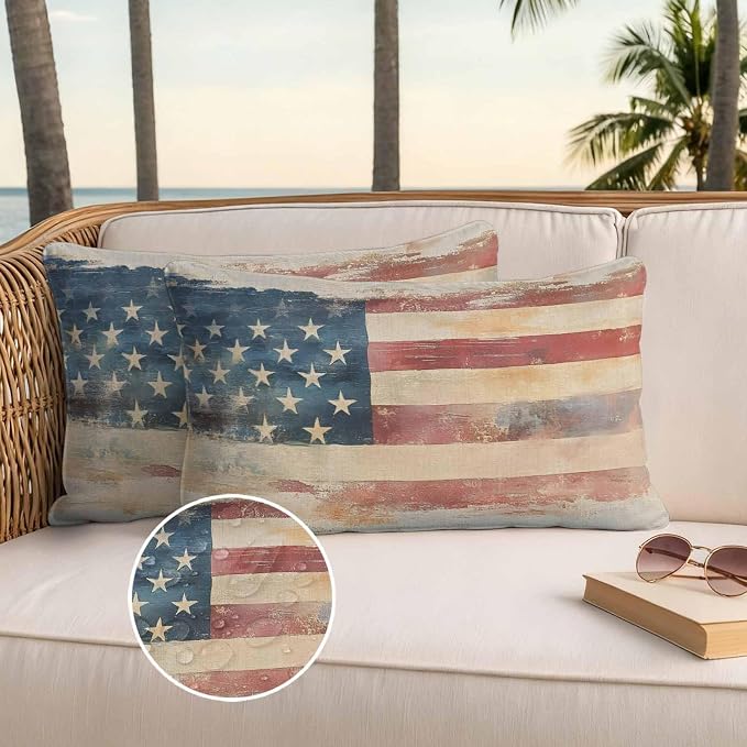 Independence Day Outdoor Pillow Covers 20"x12" Set of 2, Retro Country USA Flag Memorial Day Waterproof Throw Pillow Covers for Patio Furniture, Decorative Cushion Covers for Porch