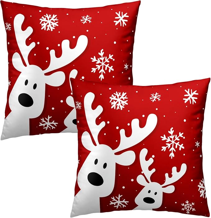 Christmas Reindeer Throw Pillow Covers 18x18 Inch Set of 2, Funny Deers Xmas Red Decorative Pillowcases Soft Square Cushion Cover for Couch Sofa Porch Winter Holiday Home Decor