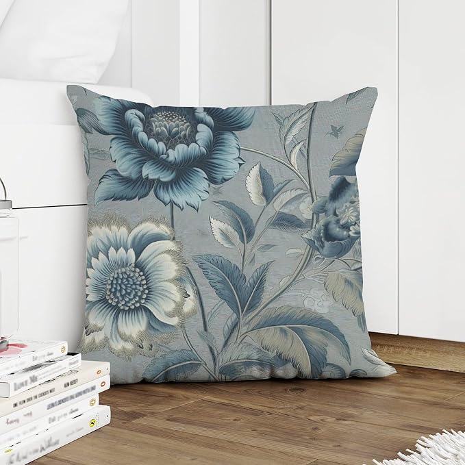 Spa On Flax Blue Chinoiserie Pillowcase Blue Grey Asian Flower Throw Pillow Cover Retro Outdoor Waterproof Decorative Pillow Cover for Patio Garden Couch Tent 26x26 in