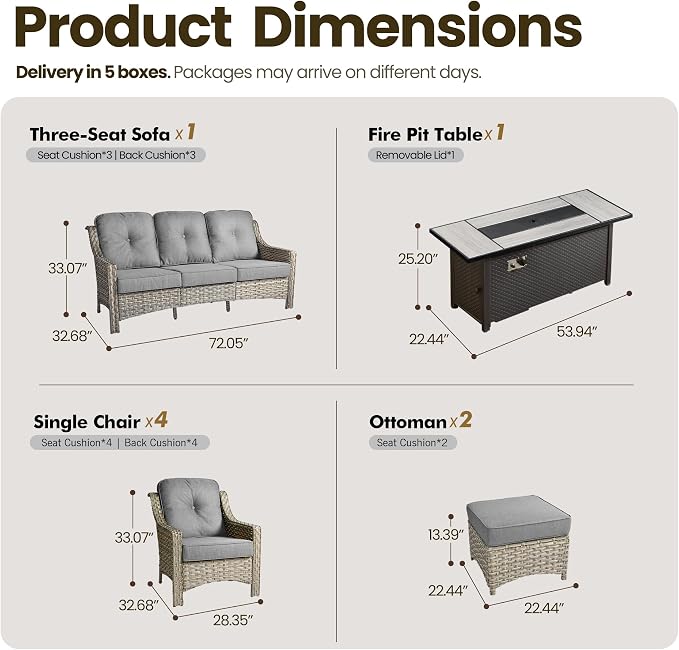 8 Piece Patio Furniture Set with Fire Pit Table, All Weather Wicker High Back Sofa Chairs Ottoman with Thick Cushion, Outdoor Conversation Sets for Large Backyard Deck Garden, Dark Gray