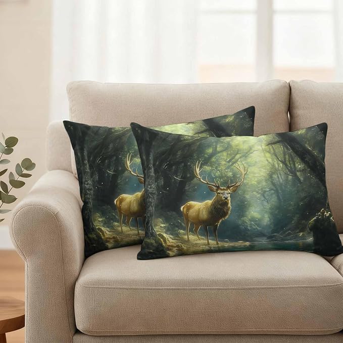 Green Forest Deer Waterproof Outdoor Pillow Covers Set of 2 Home Decor, Fantasy Vintage Nature Scenery Pillowcase Patio Pillow Covers for Couch Bench Furniture Garden 20x12in