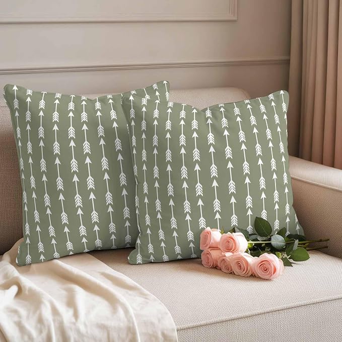 Arrow Outdoor Pillow Covers 26"x26" Set of 2, Abstract Rustic Western Tribal Geometric Arrow Sage Green Waterproof Throw Pillow Covers for Patio Furniture, Decorative Cushion Covers for Porch