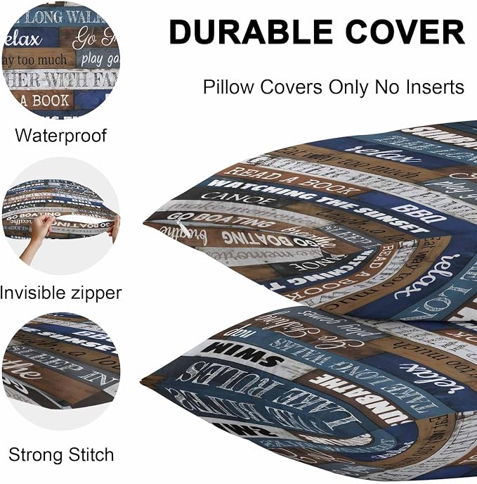 Vandarllin Outdoor Throw Pillows Covers 20x12 inch Set of 2 Waterproof Lake Rules on Wood Grain Decorative Zippered Cushion Covers for Patio Furniture, Rustic Text Wooden Lumbar Pillowcases