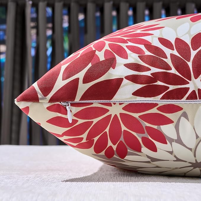 Outdoor Waterproof Pillow Covers Set of 2 Dahlia Decorative Throw Pillow Covers 12x20 Inch Waterproof Cushion Cover Red and Pink Square Pillowcases for Living Room Patio Garden Couch Bench