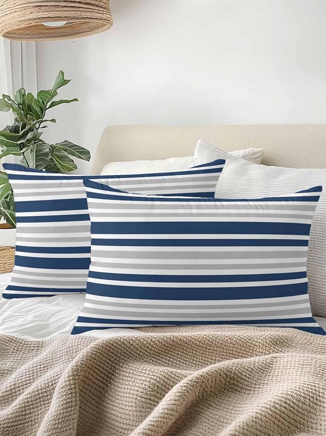 Outdoor Waterproof Throw Pillows Classic Modern Striped Patio Pillows,Decorative Pillow Covers with Insert,Pillow Cushion Case for Garden Couch Sofa Grey White Navy Blue