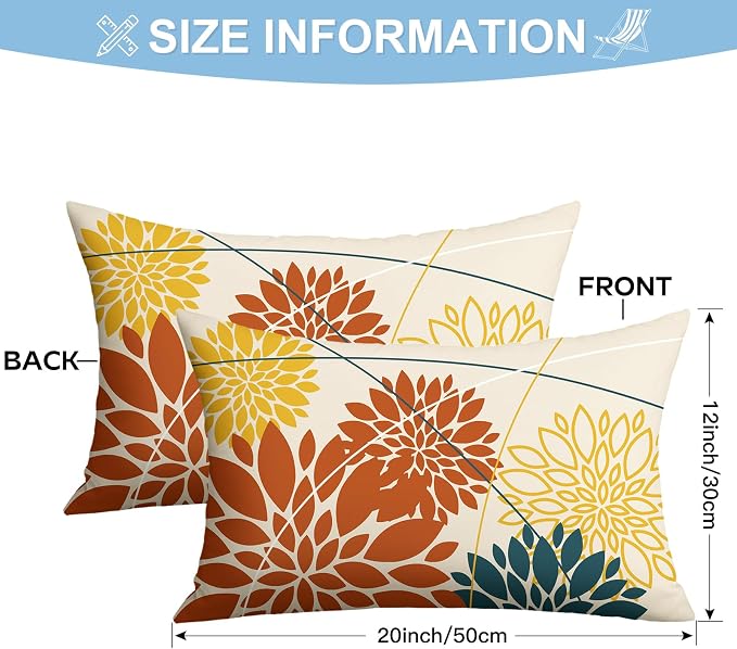 OTOSTAR Outdoor Orange Yellow Pillow Covers 12x20 Inch Set of 2 Blue Flower Throw Pillows Farmhouse Geometric Dahlia Floral Lumbar Cushion Case Waterproof Decor for Sofa Patio Funiture Garden