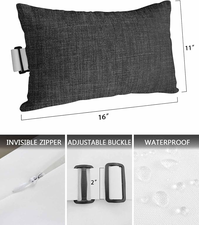 Pack of 2 Outdoor Lumbar Pillow Covers 11x16 Inch, Black Burlap Texture Waterproof Throw Pillow Covers Set, Farmhouse Vintage Black Indoor&Outdoor Decorative Cushion Cases for Patio Porch Beach