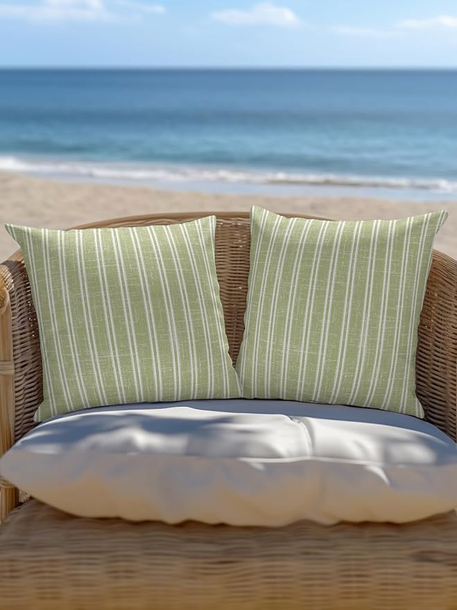 Waterproof Outdoor Pillow 1 Pack Sage Green Linen Striped Decorative Throw Pillows Cover & Insert 18x18 Inch Pillowcase Vertical Stripes Lines Pillows for Couch Sofa Bed Patio Furniture Indoor Outdoor