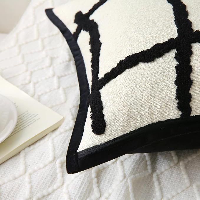 Decorative Throw Pillows with Inserts 2 Pack 18" x 18" Boho Soft Tufted Modern Chenille Pillow for Home, Patio, Couch, Bedroom, Living Room (Black Lines)