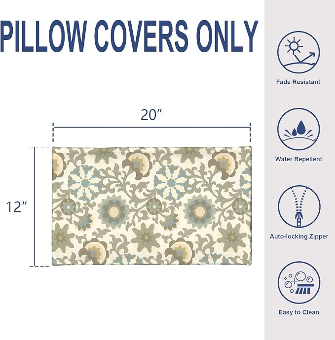 12x20 Inch Outdoor Lumbar Pillow Covers Pack of 2, All Weather Cushion Pillow Cases, Pillowcase for Patio Couch Decoration, Floral Symphony‌