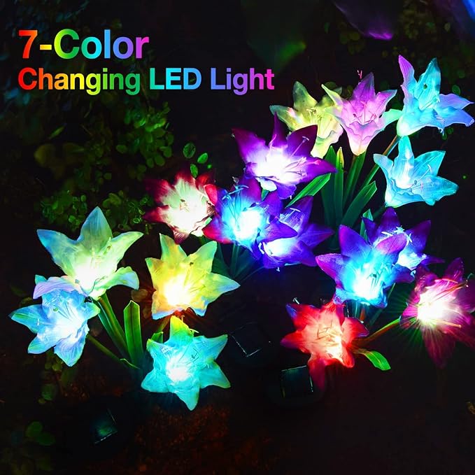 KOOPER Outdoor Solar Lights, 8 Pack Solar Garden Light with Bigger Lily Flowers, Waterproof 7 Color Changing Solar Lights Outdoor - Bigger Panel for Patio Yard Garden Decoration, Gift for Mom