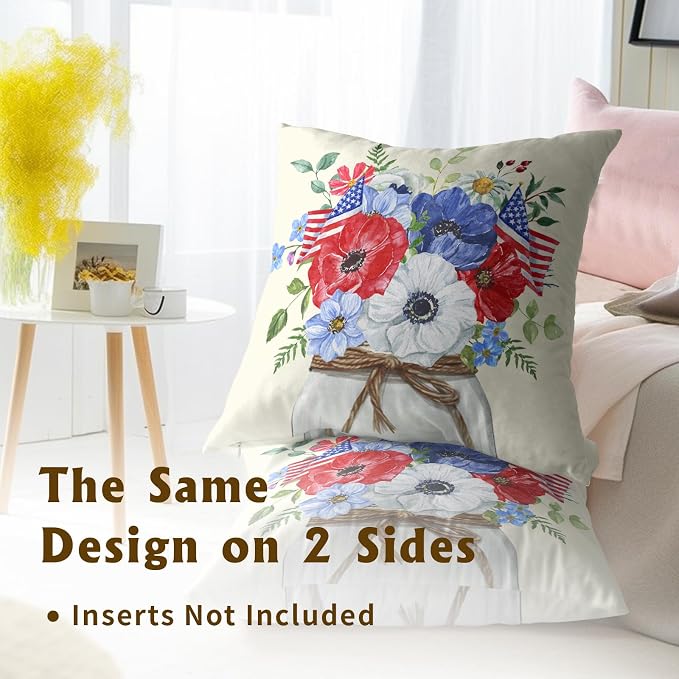 4th of July Flowers Pillow Covers 20x20 Inch, 2Pcs Blue Red Poppies with American Flag Pillow Case Independence Memorial Day Decorative Cushion Cover for Sofa Bed Couch