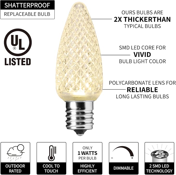 Brightown C9 Christmas String Lights Outdoor 50 Feet Led Christmas Lights, 50+1(Spare) Strawberry Bulbs Connectable UL Certified for Indoor Outdoor Roofline Patio Holiday Party Backyard Xmas Decor