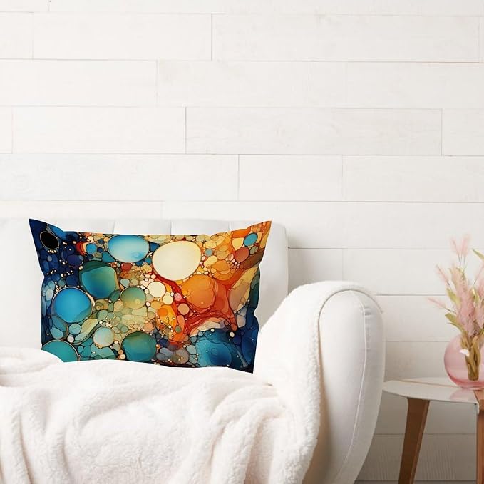 Ink Rainbow Shapes with Gold Lumbar Cushion Cover Abstract Alcohol Ink Textures Throw Pillow Cover Classic Decorative Cushion Covers Home Decor for for Sofa Couch Bed Decorations 16x24in