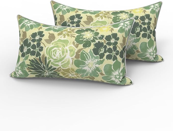 LVTXIII 2 Pack Outdoor Lumbar Pillows 12x20 Inch with White Piping, Fade Resistant Support Throw Pillows with Inserts for Patio Furniture, Sofa, Chair, Green Rose