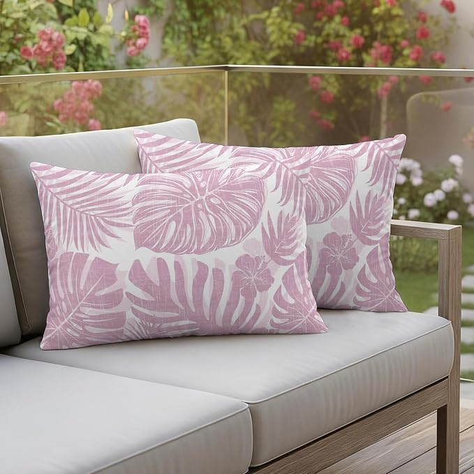 Pink Palm Leaves Outdoor Pillow Covers 20"x12" Set of 2, Tropical Botanical Minimalist Modern Waterproof Throw Pillow Covers for Patio Furniture, Decorative Cushion Covers for Porch