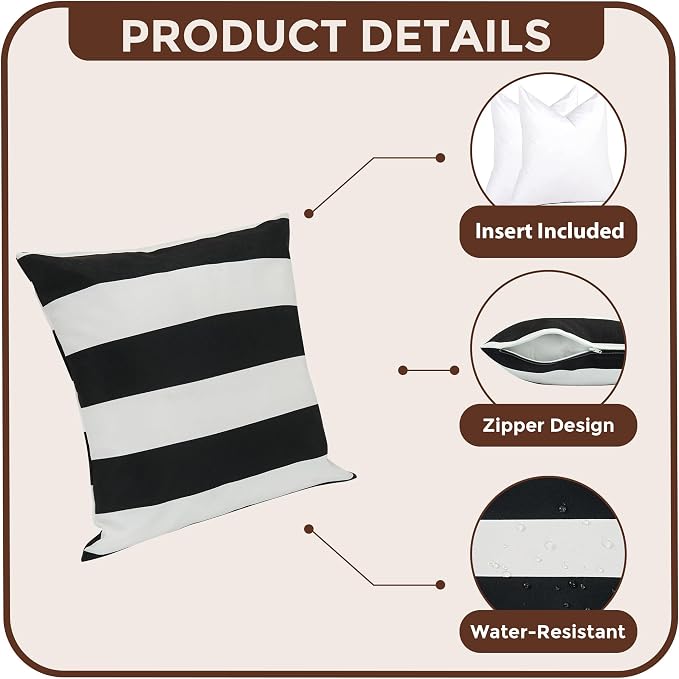 Outdoor Throw Pillows with Insert 18x18 Inch Pack of 2-Black White Stripe | Decorative Throw Pillows with Inserts, Water-Repellent, Square Pillows for Bed, Couch, Sofa and Patio Furniture