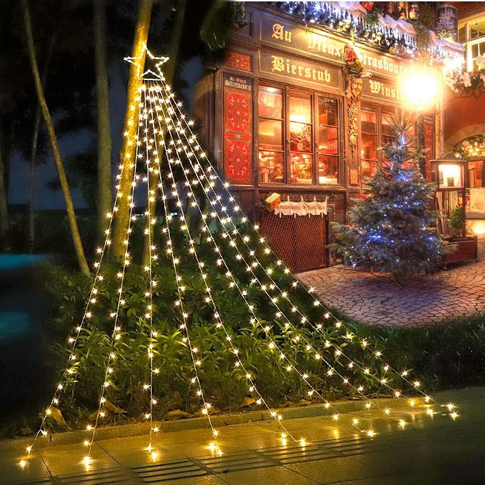 Christmas Decorations, Outdoor Christmas Lights, 320 LED Outdoor Christmas Tree String Lights with 12" Star Toppers [8 Modes& Waterproof] for Xmas New Year Holiday Decor (Iron Warm)