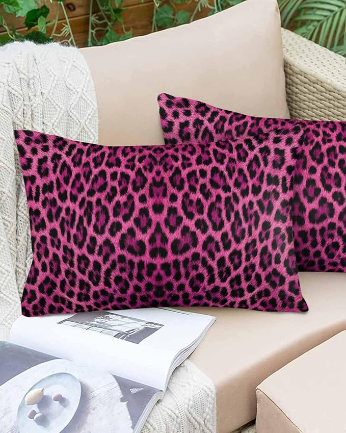 Vandarllin Outdoor Throw Pillows Covers 20x12 inch Set of 2 Waterproof Pink Leopard Print Decorative Zippered Cushion Covers for Patio Furniture, Retro Animal Fur Pattern Lumbar Pillowcases