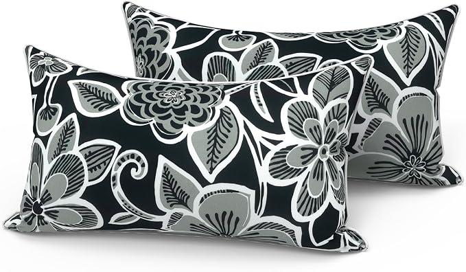 LVTXIII Set of 2 Outdoor Lumbar Pillows for Patio Furniture with White Piping, 12"x20" Fade Resistant Patio Lumbar Pillows with Inserts for Home Coach Sofa Use, Flower Black