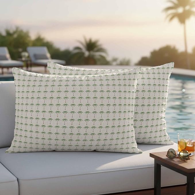 Palm Trees Outdoor Pillow Covers 20"x12" Set of 2, Summer Country Nautical Coastal Beach Ocean Green Tree Waterproof Throw Pillow Covers for Patio Furniture, Decorative Cushion Covers for Porch