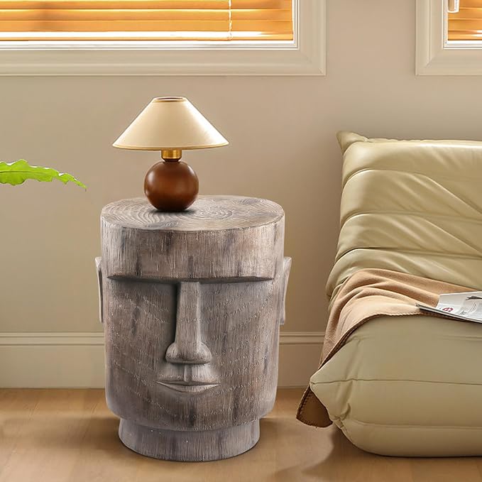 Outdoor Side Table Easter Island AHU Akivi Moai Statue Pedestal End Table Stool for Home Patio Deck Sunroom Garden Balcony Yard Lawn Grey